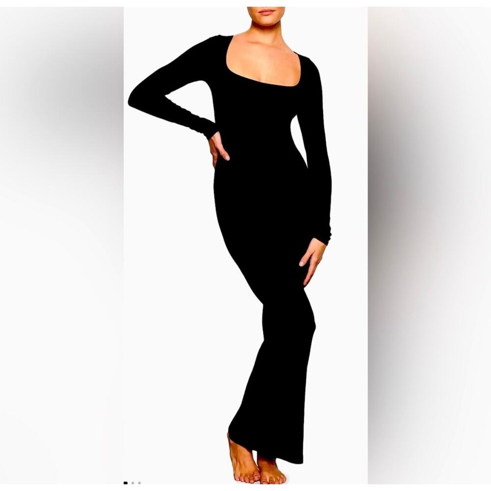 SKIMS Soft Lounge Long Sleeve Dress Onyx black bodycon maxi size small - Picture 2 of 9